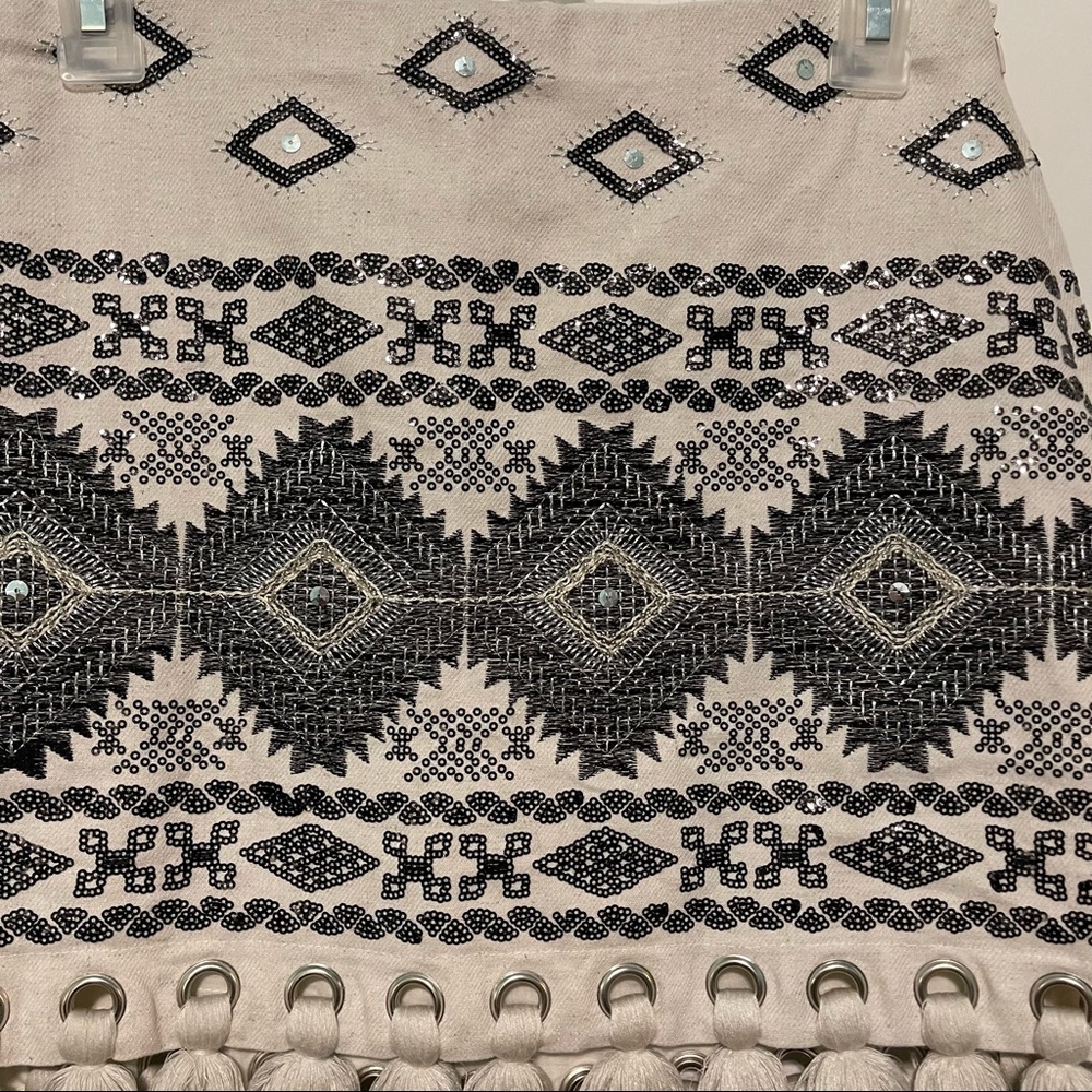 Lulus size small cream with black embroidery sequin tribal print skirt fringe! - Picture 3 of 8